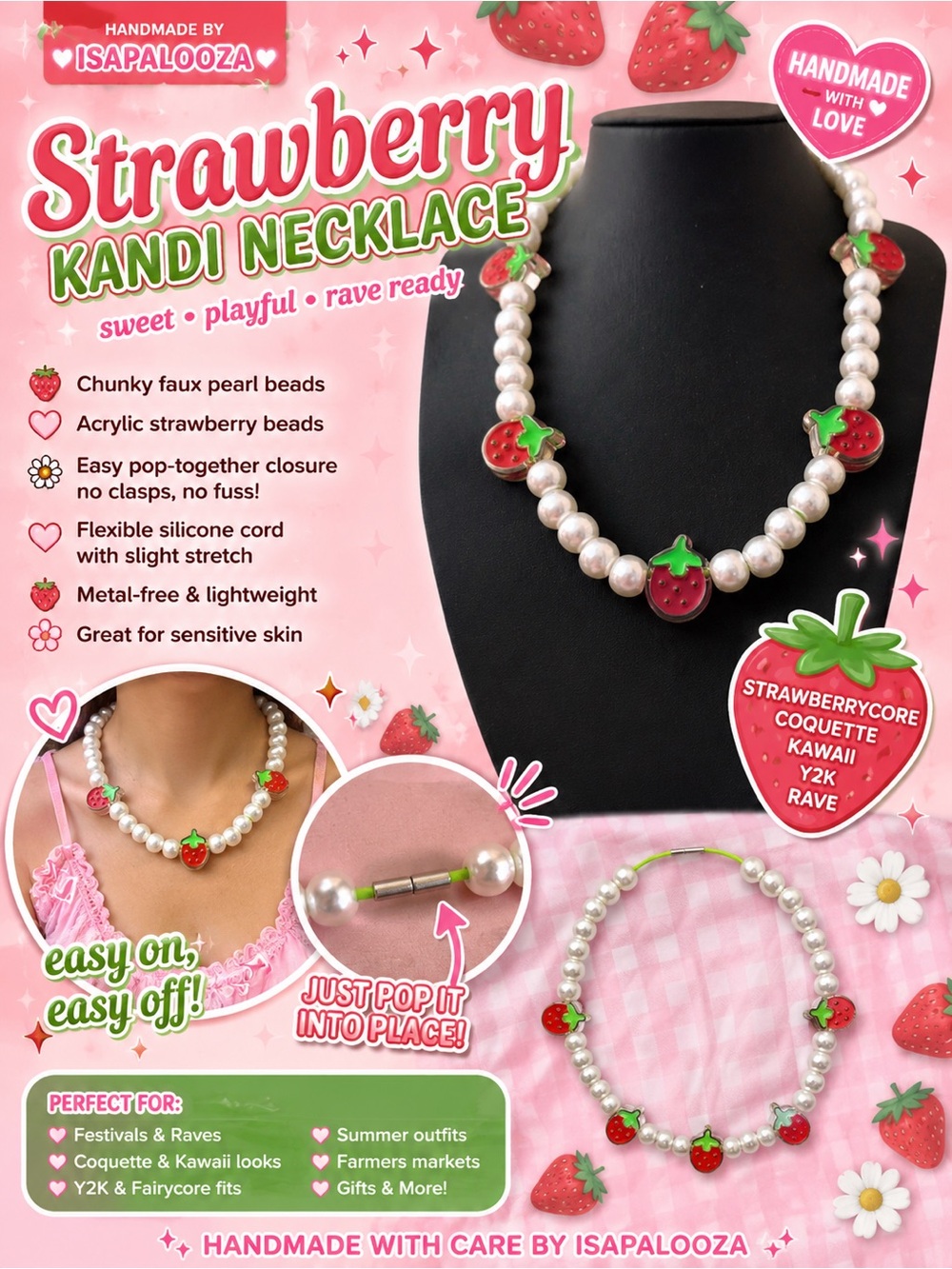 Strawberrycore Chunky Faux Pearl Necklace Handmade - Rave Kawaii Coquette